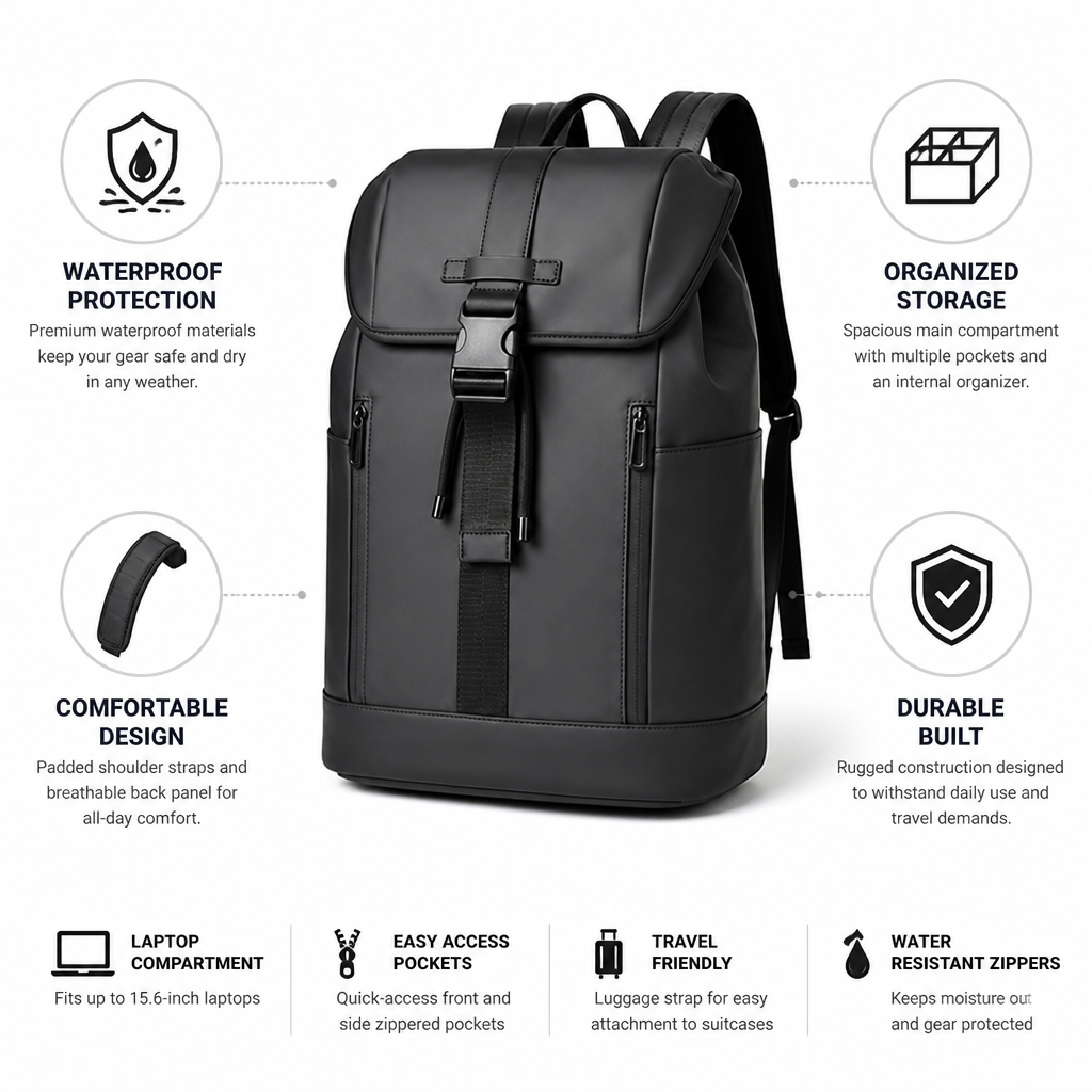 Waterproof Laptop Backpack With Padded Straps & Organizer