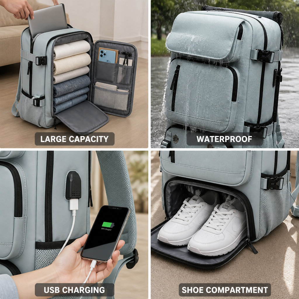 Waterproof Large-Capacity USB-Enabled Travel Backpack (Separate Shoe Compartment)