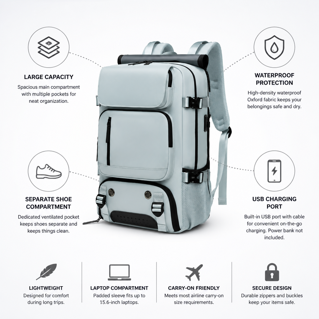 Waterproof Large-Capacity USB-Enabled Travel Backpack (Separate Shoe Compartment)