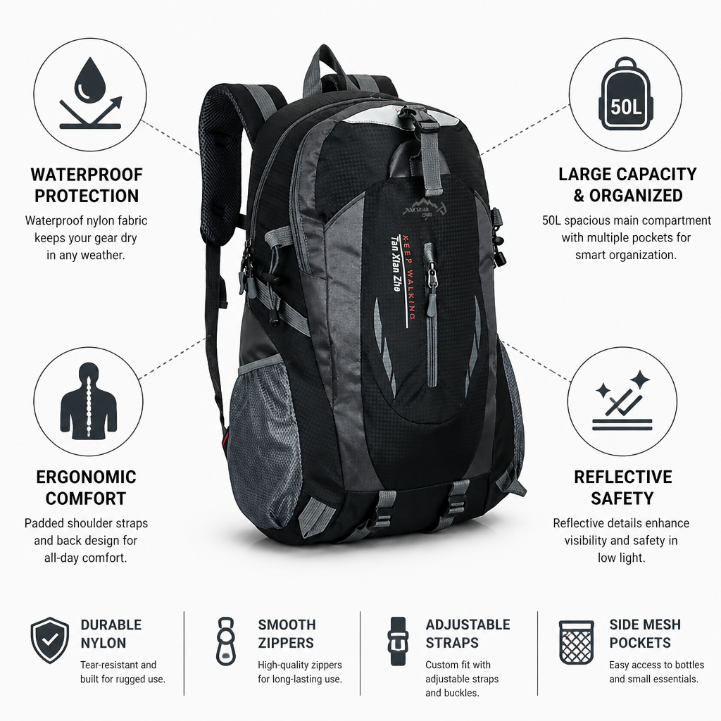Waterproof Nylon 50L Hiking Backpack