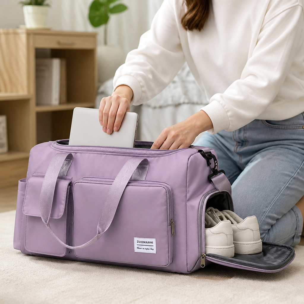 Waterproof Nylon Travel Bag With Shoe Compartment & Pockets