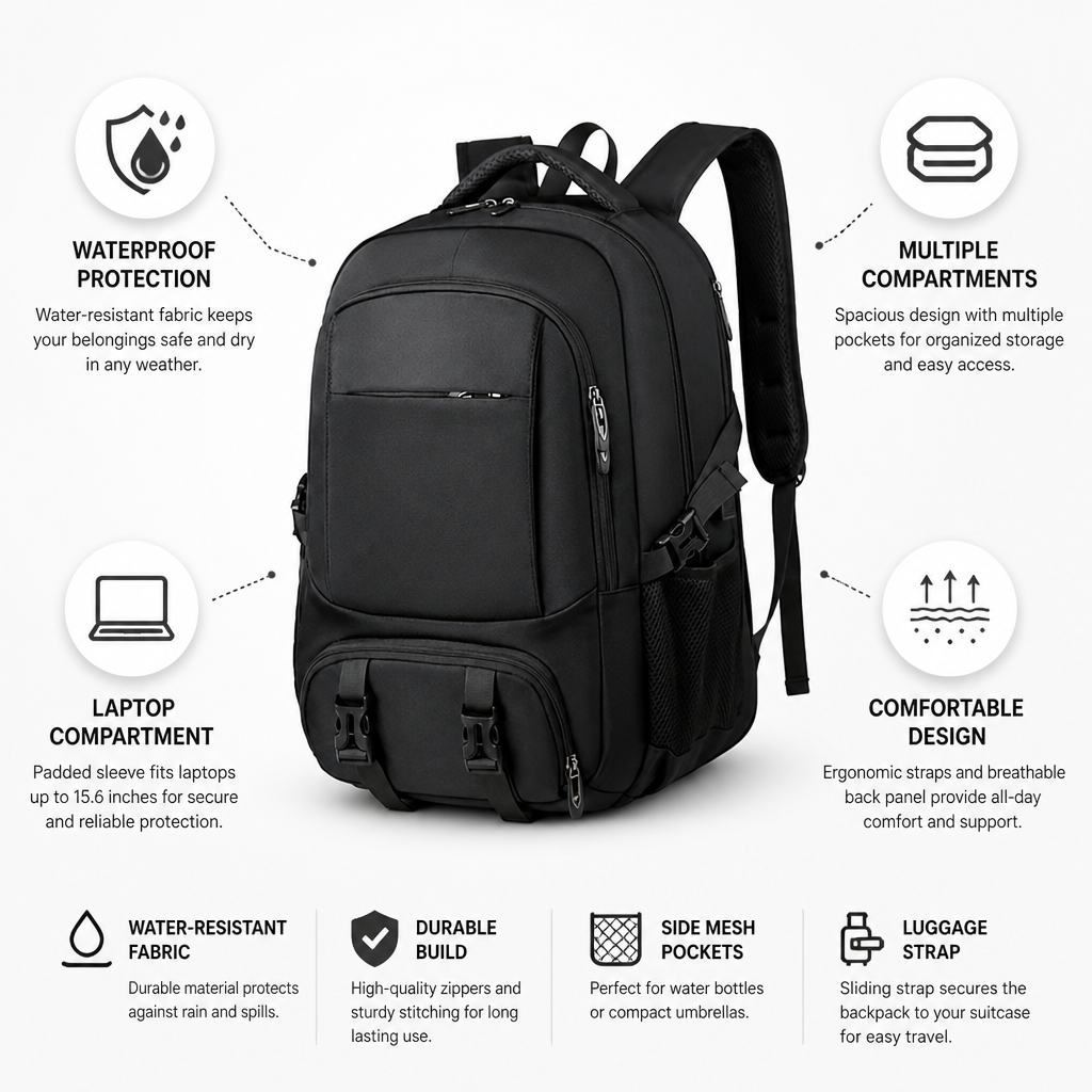 Waterproof Padded Laptop Backpack (Fits 15.6 in)