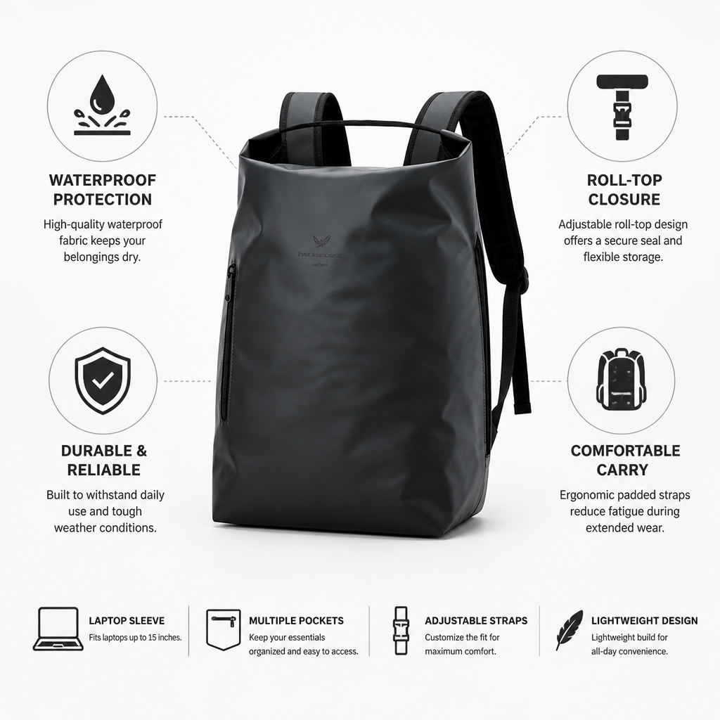 Waterproof Roll-Top Backpack (15-Inch Laptop Sleeve)