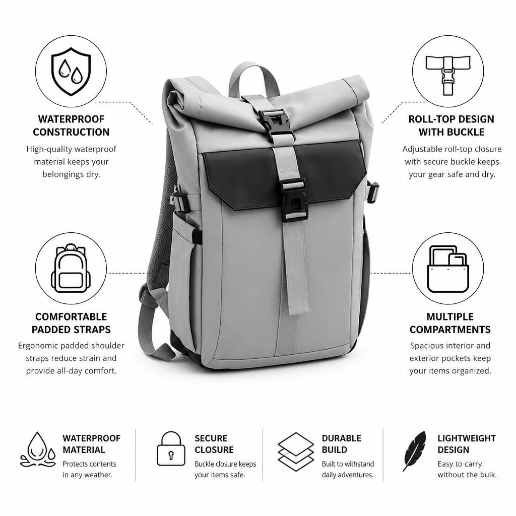 Waterproof Roll-Top Backpack (Multiple Compartments)