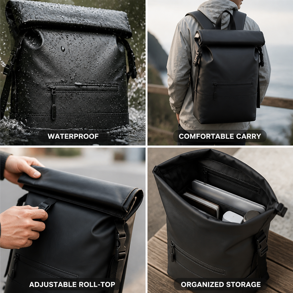 Waterproof Roll-Top Backpack (Padded Shoulder Straps)