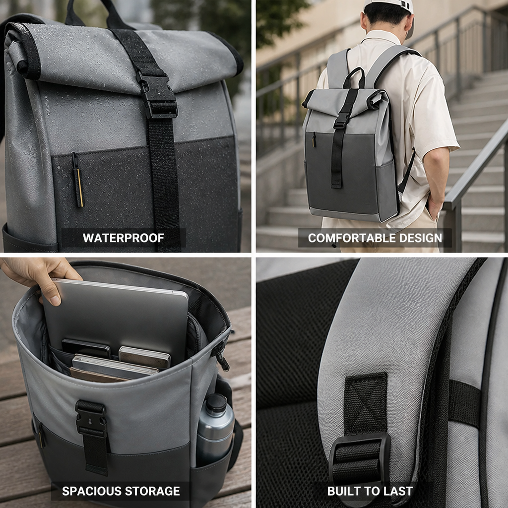 Waterproof Roll-Top Backpack (Padded Straps & Multiple Pockets)