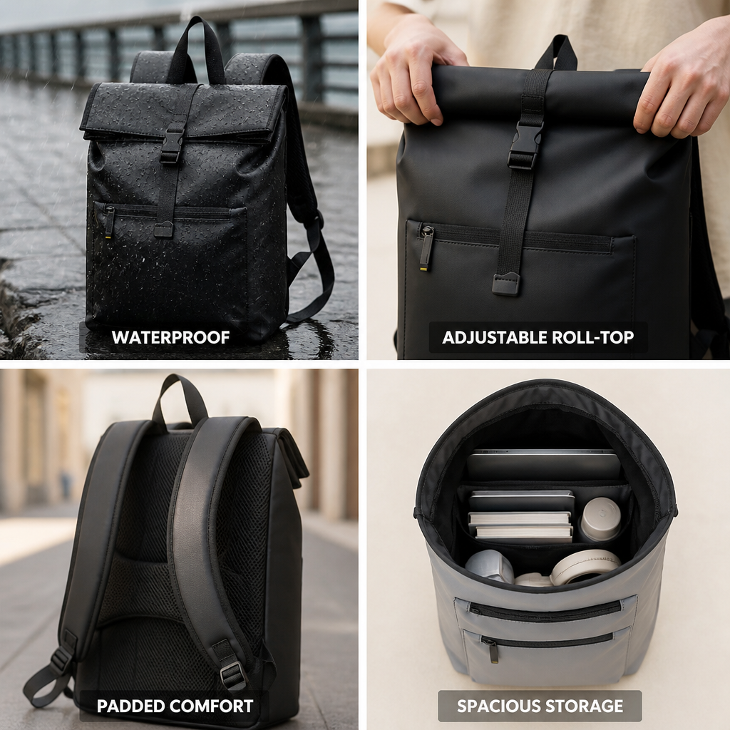 Waterproof Roll-Top Backpack with Padded Straps