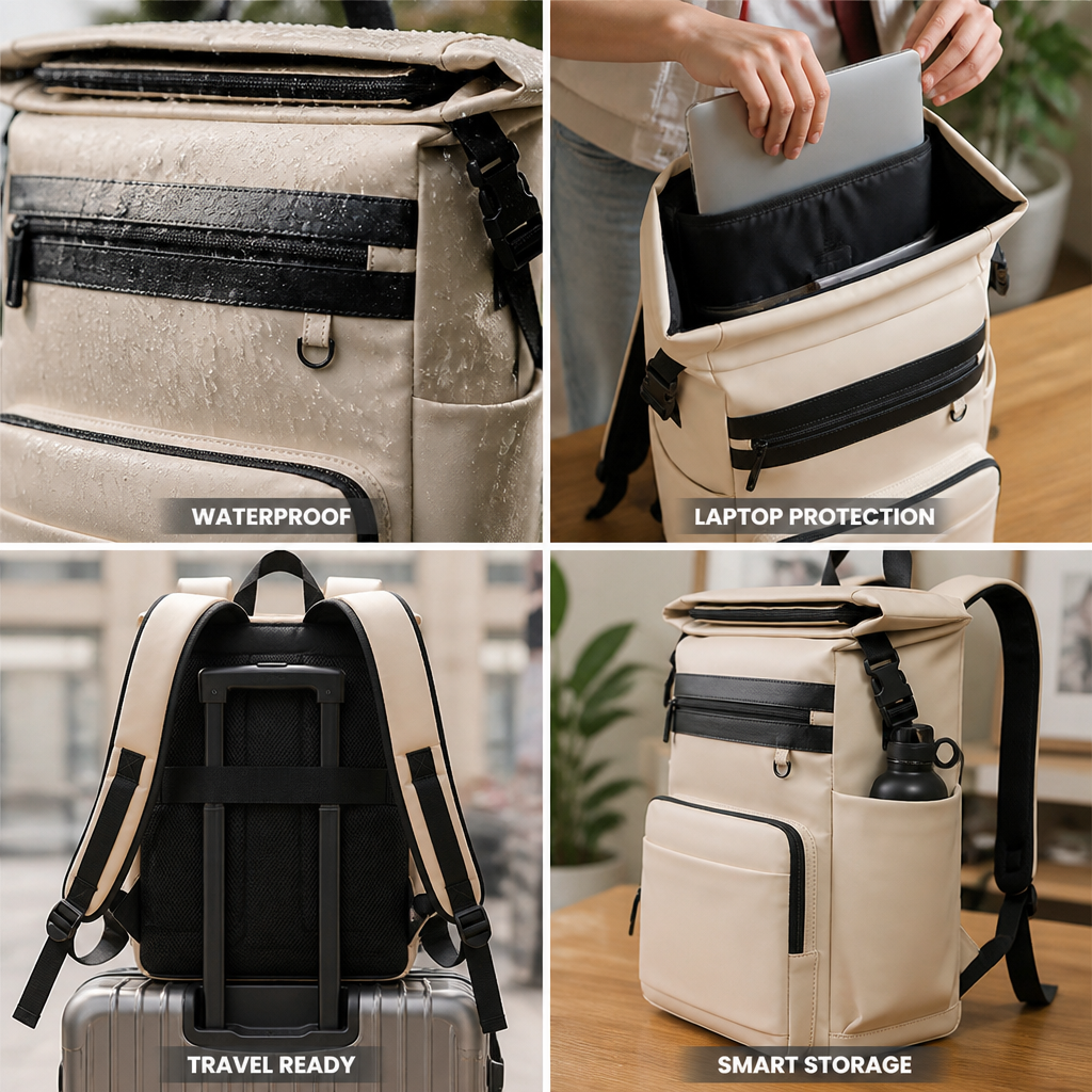 Waterproof Roll-Top Padded Laptop Backpack