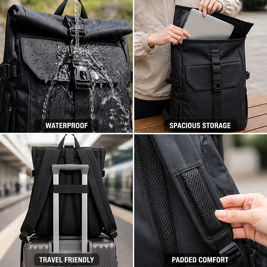 Waterproof Rolltop Backpack With Padded Straps & Multiple Pockets
