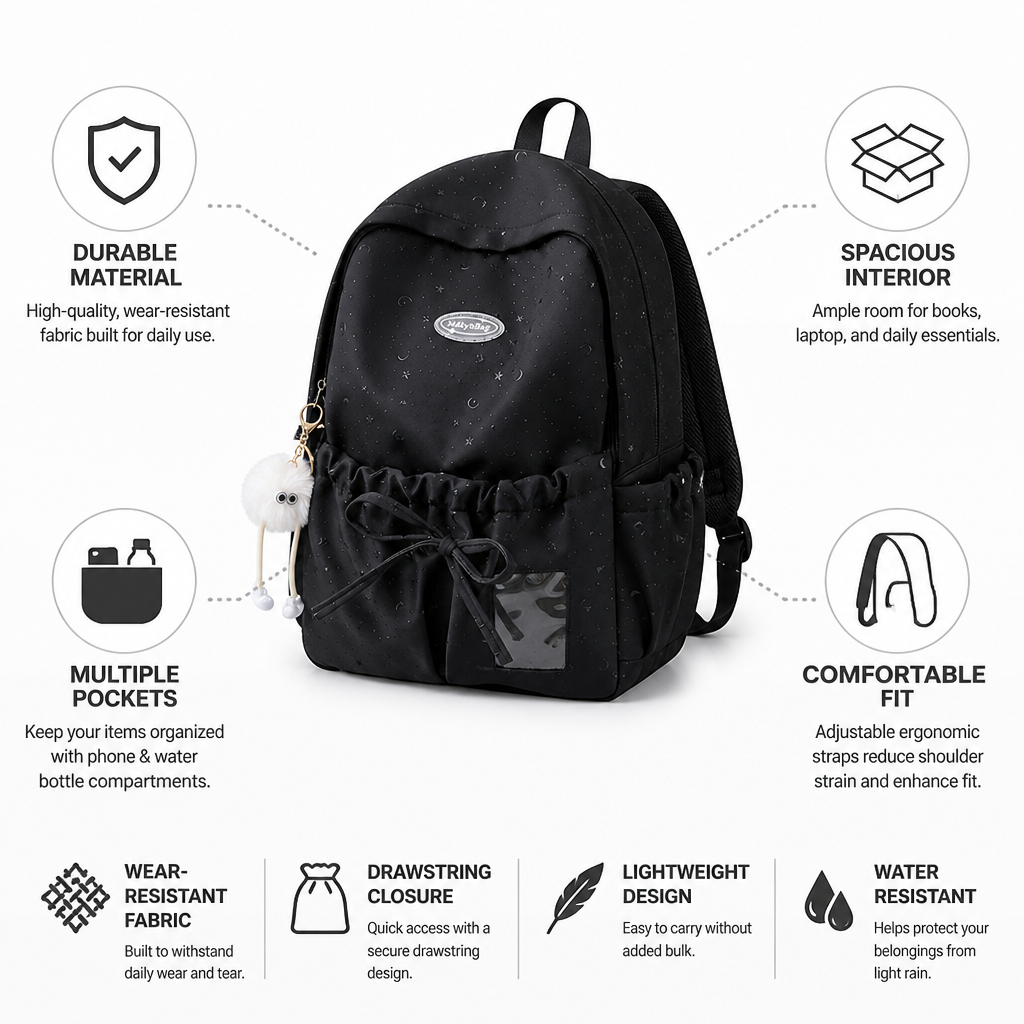 Wear-Resistant Drawstring School Backpack (Multiple Pockets)