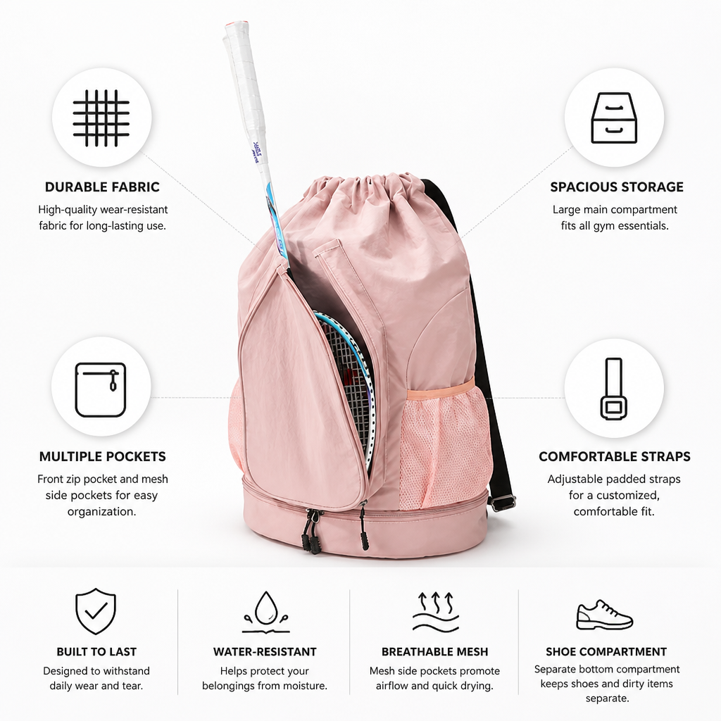 Wear-Resistant Multi-Pocket Drawstring Backpack