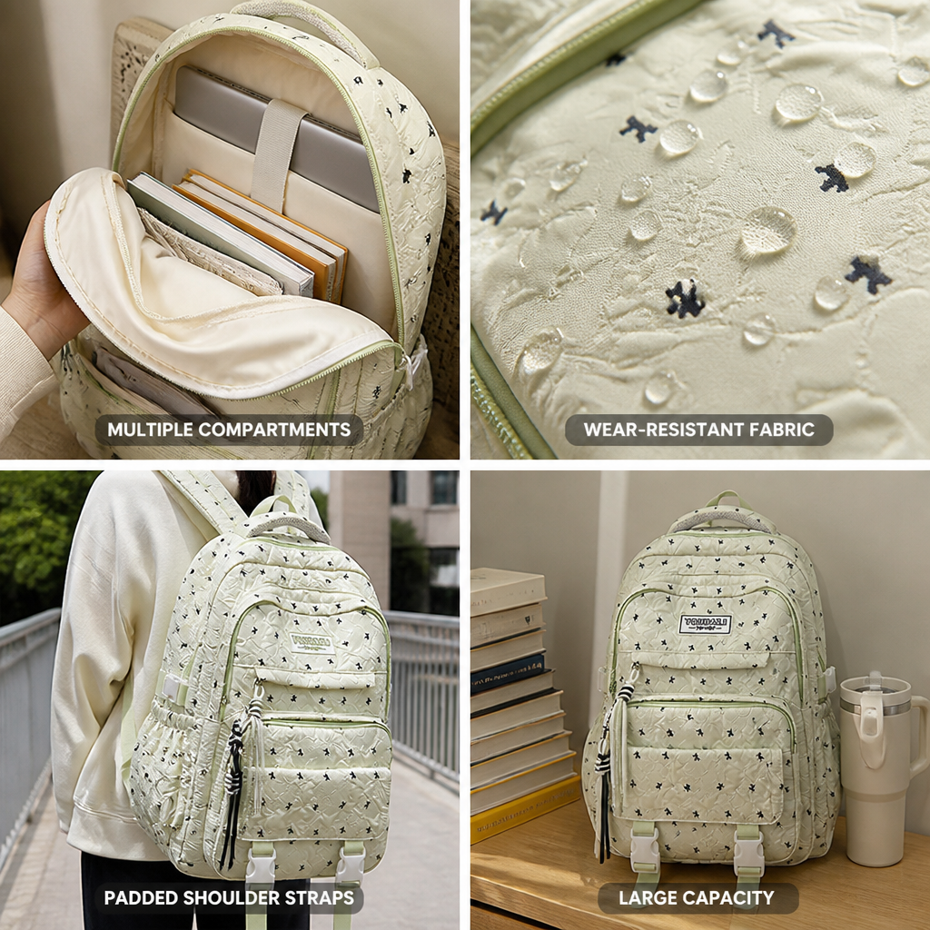 Wear-Resistant Quilted Multi-Compartment School Backpack (Padded Straps)