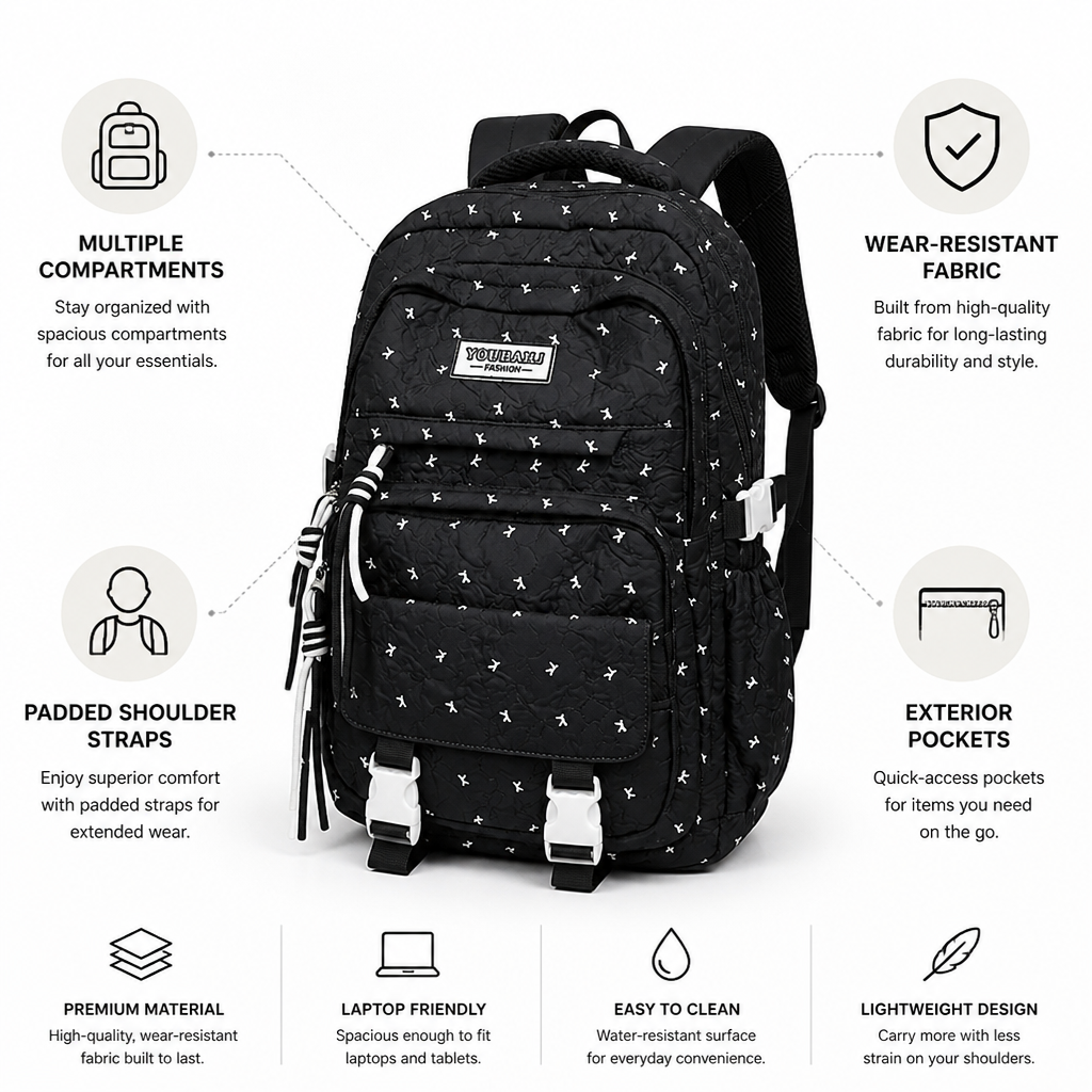 Wear-Resistant Quilted Multi-Compartment School Backpack (Padded Straps)