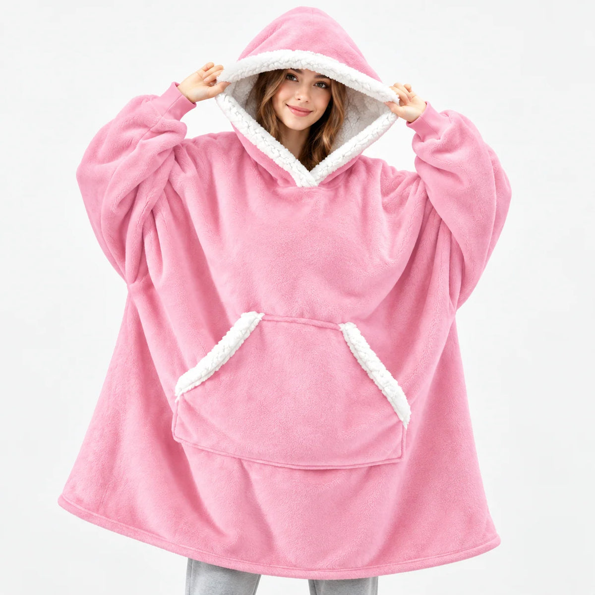 Wearable Blanket Hoodie Sherpa-Lined Oversized Plaid Pullover