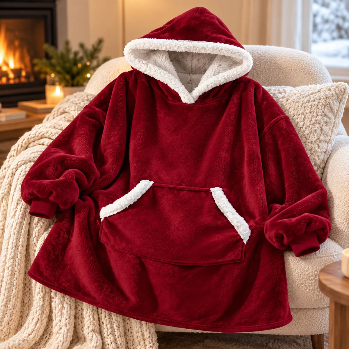 Wearable Blanket Hoodie Sherpa-Lined Oversized Plaid Pullover
