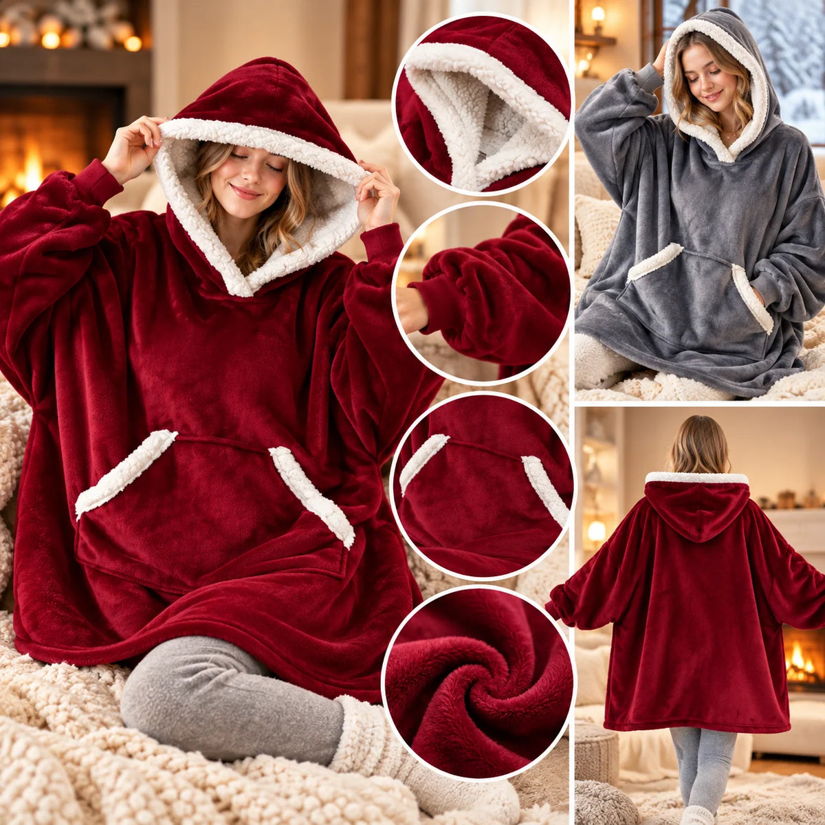 Wearable Blanket Hoodie Sherpa-Lined Oversized Plaid Pullover