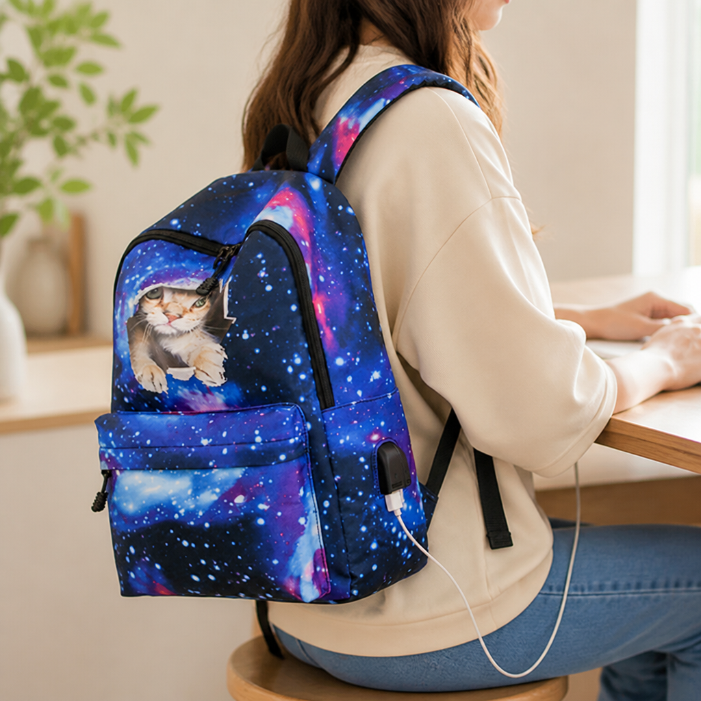 Weather-Resistant 3D Cat Window Kids Backpack