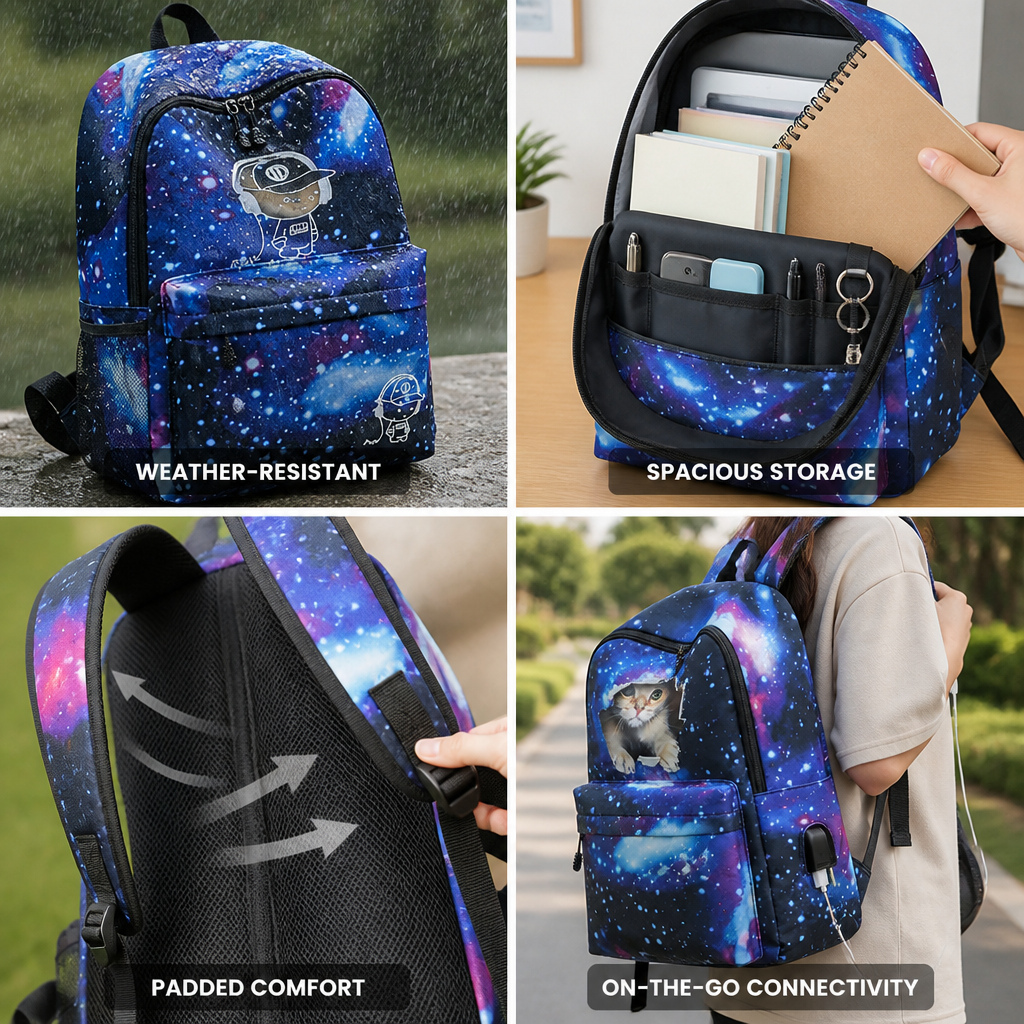 Weather-Resistant 3D Cat Window Kids Backpack