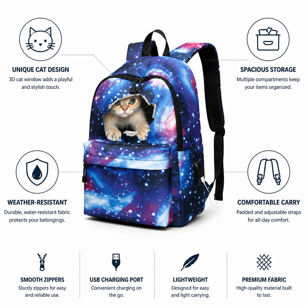 Weather-Resistant 3D Cat Window Kids Backpack