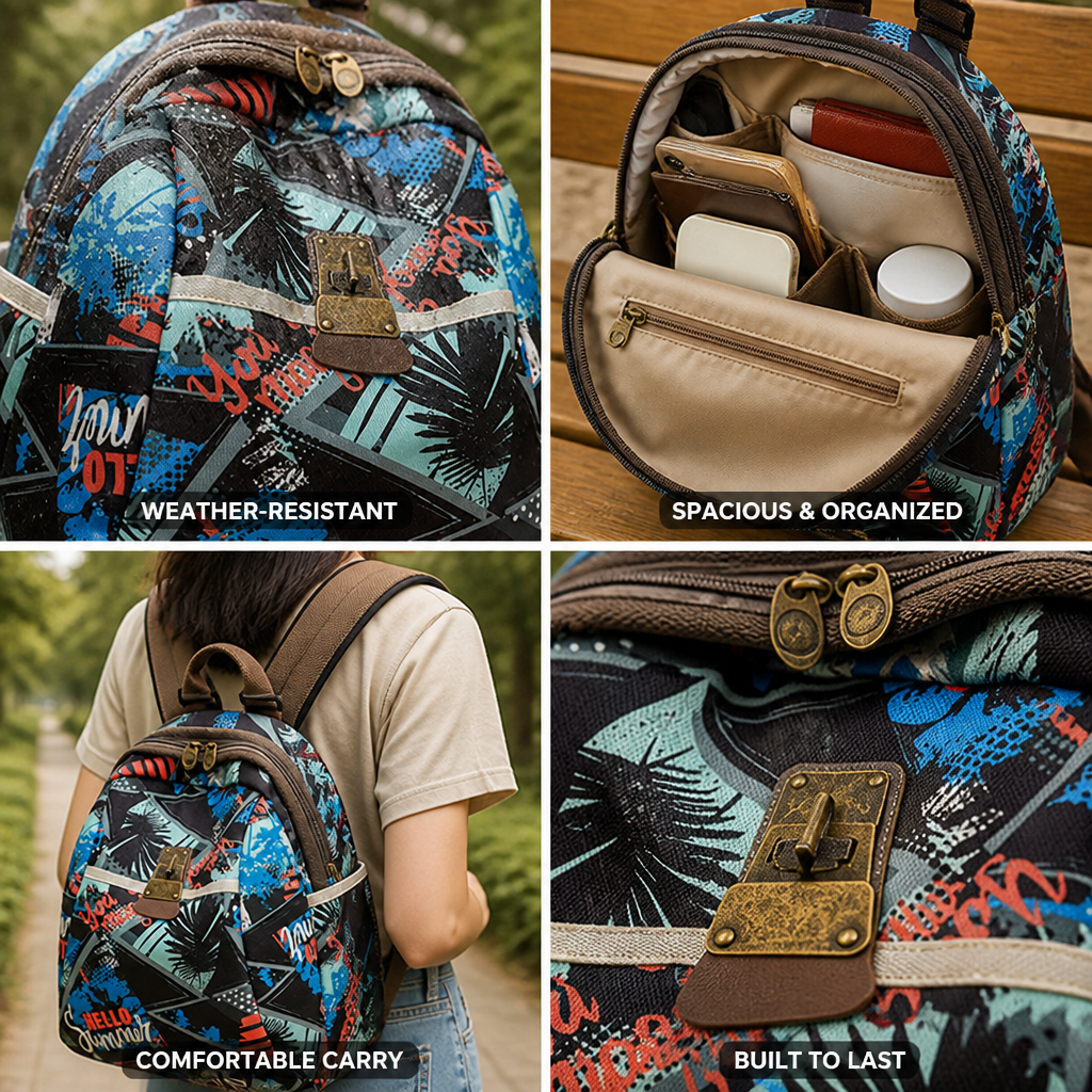Weather-Resistant Graphic Print Backpack (Padded Straps)