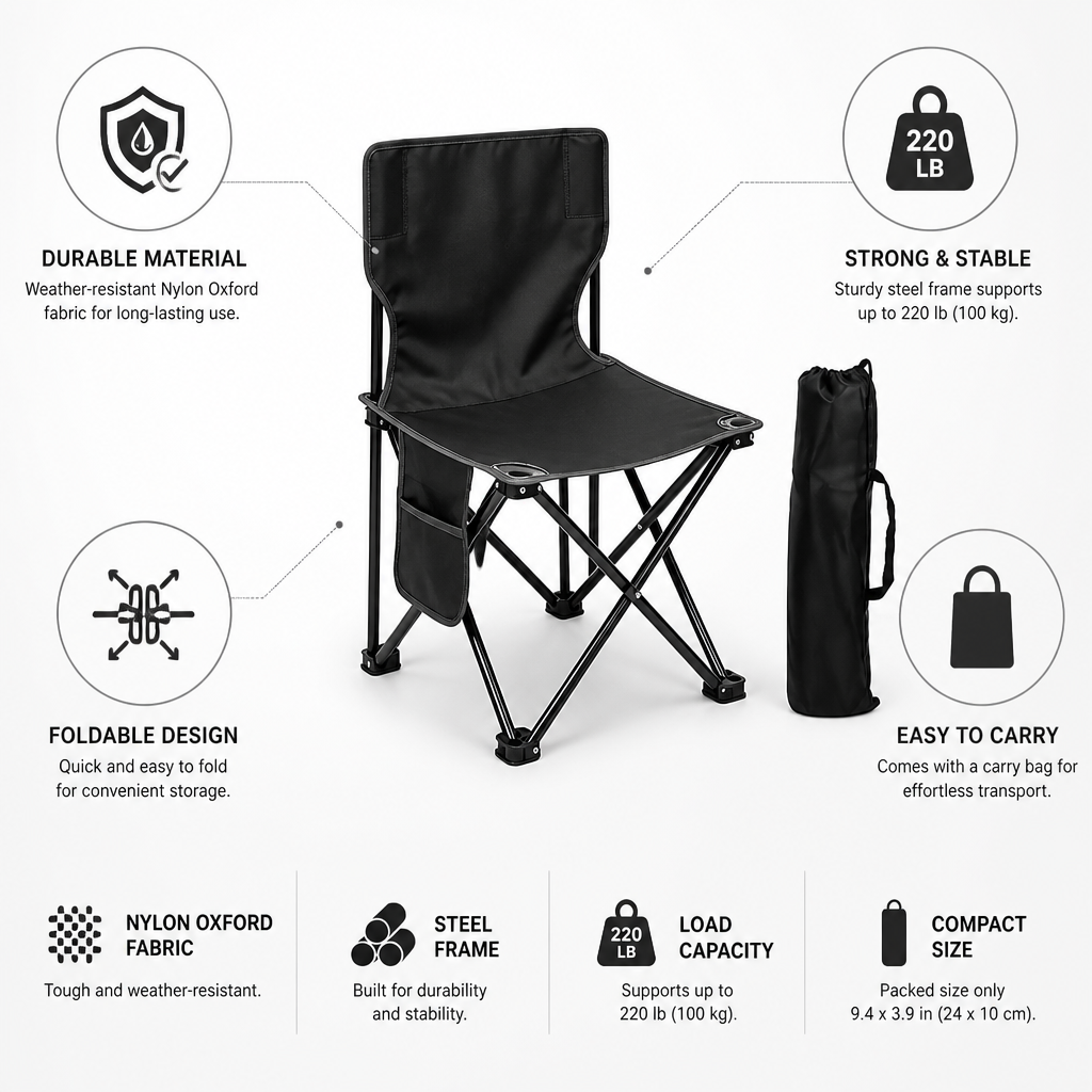 Weather-Resistant Nylon & Steel Frame Folding Camping Chair (Includes Carry Bag)
