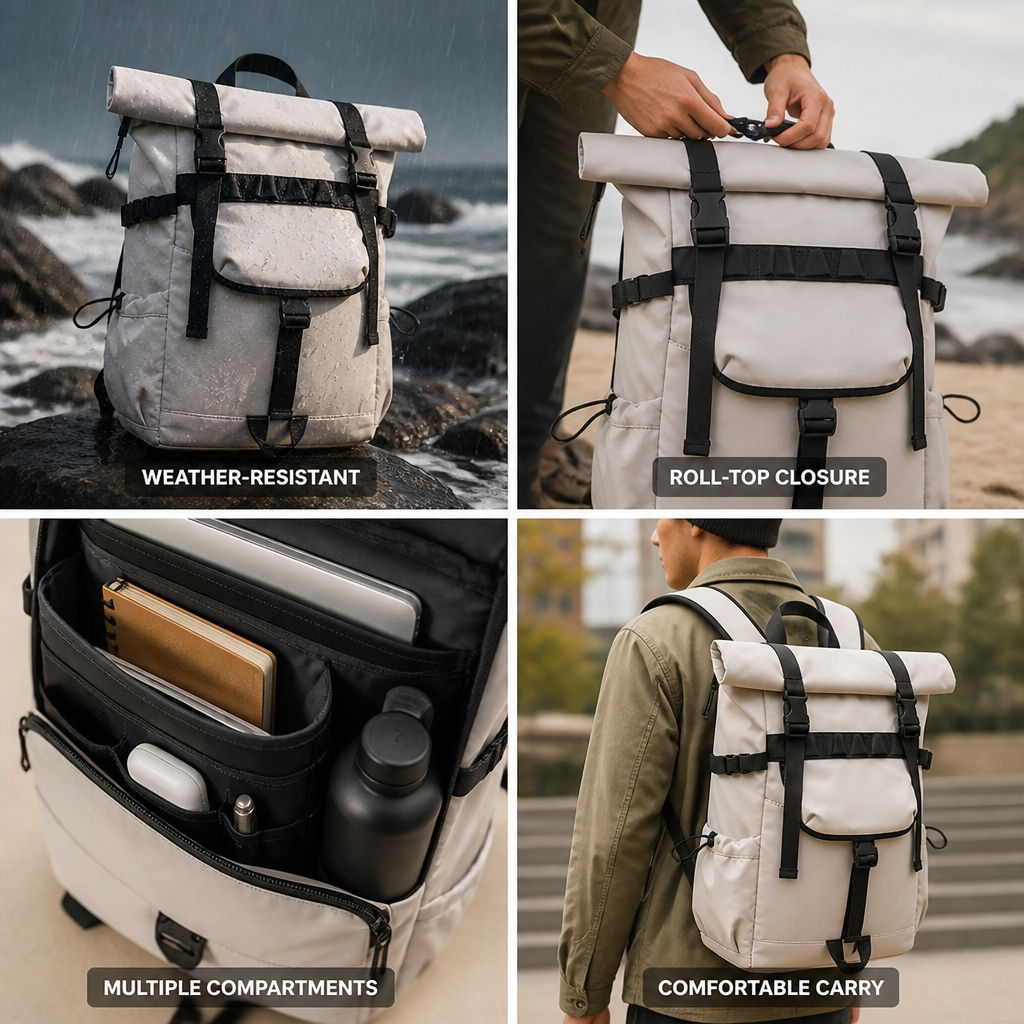 Weather-Resistant Roll-Top Backpack (Multiple Compartments)