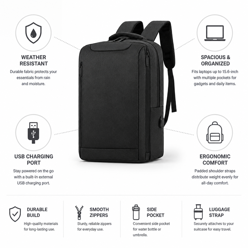Weather-Resistant USB Charging Commuter Backpack (Fits 15.6-Inch Laptop)