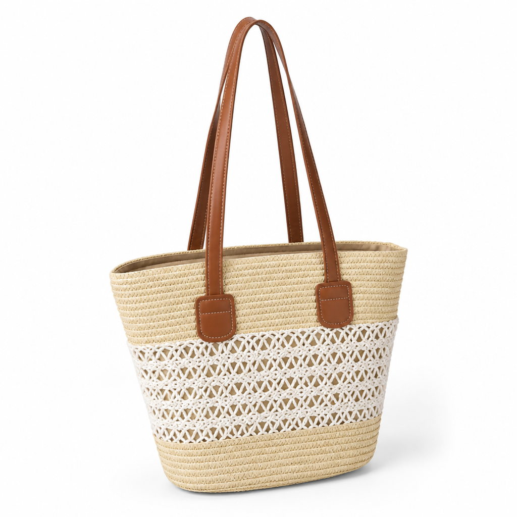 Weather-Resistant Woven Beach Bag (Leather-Look Handles)