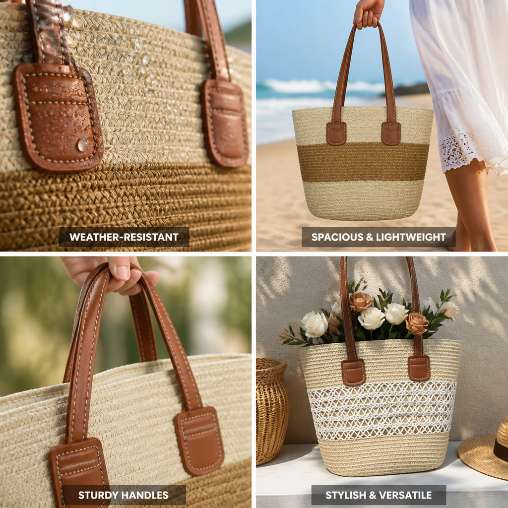 Weather-Resistant Woven Beach Bag (Leather-Look Handles)