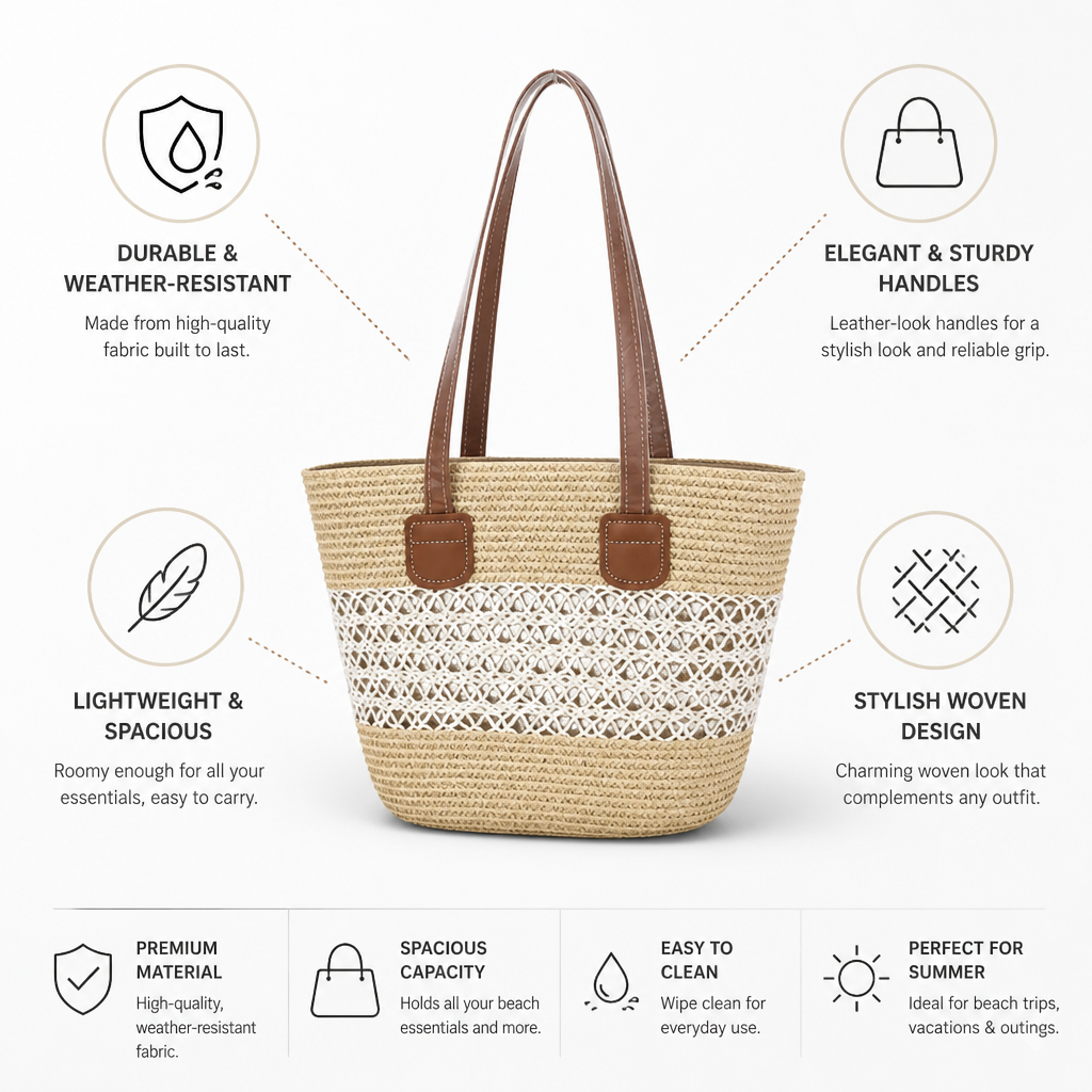 Weather-Resistant Woven Beach Bag (Leather-Look Handles)