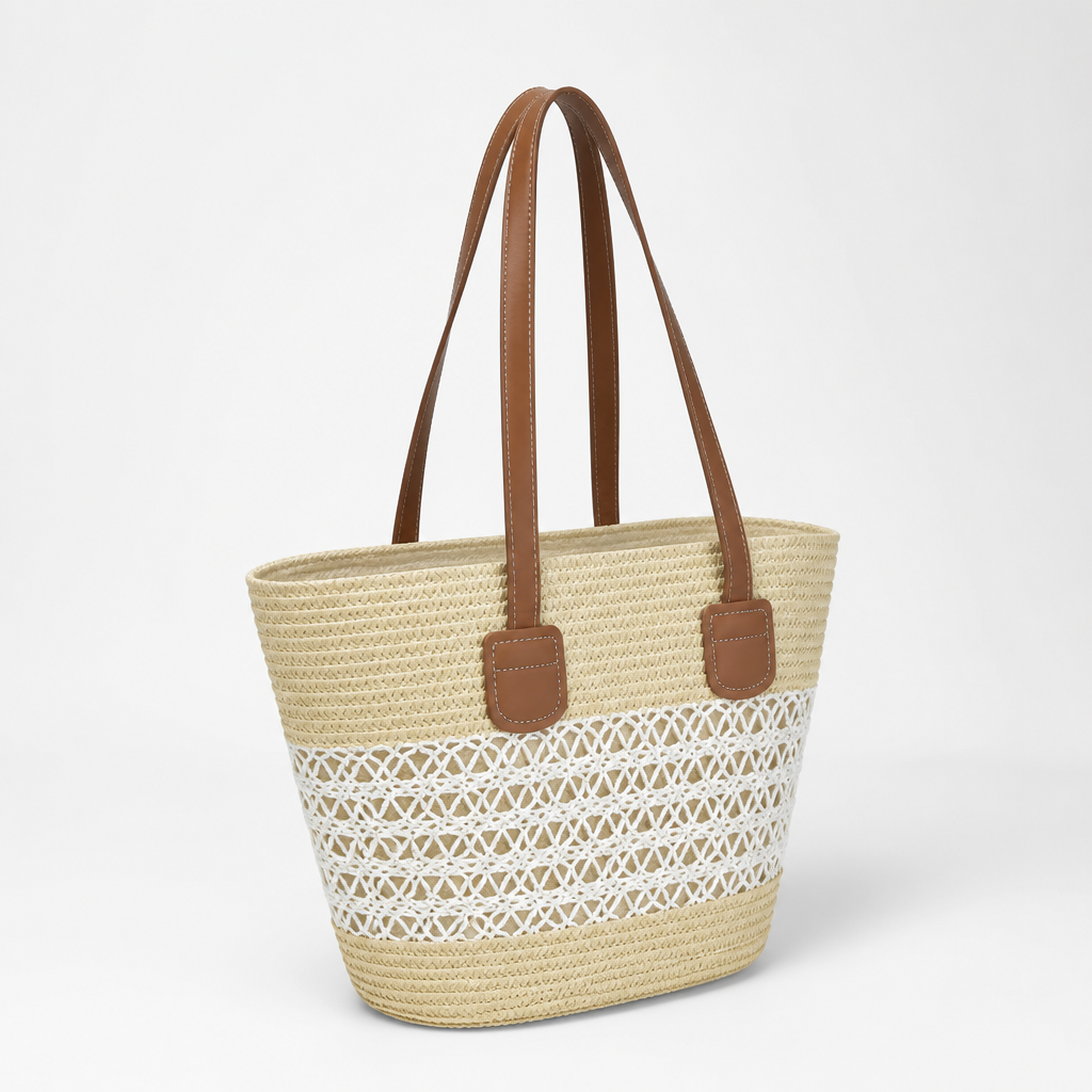 Weather-Resistant Woven Beach Bag (Leather-Look Handles)