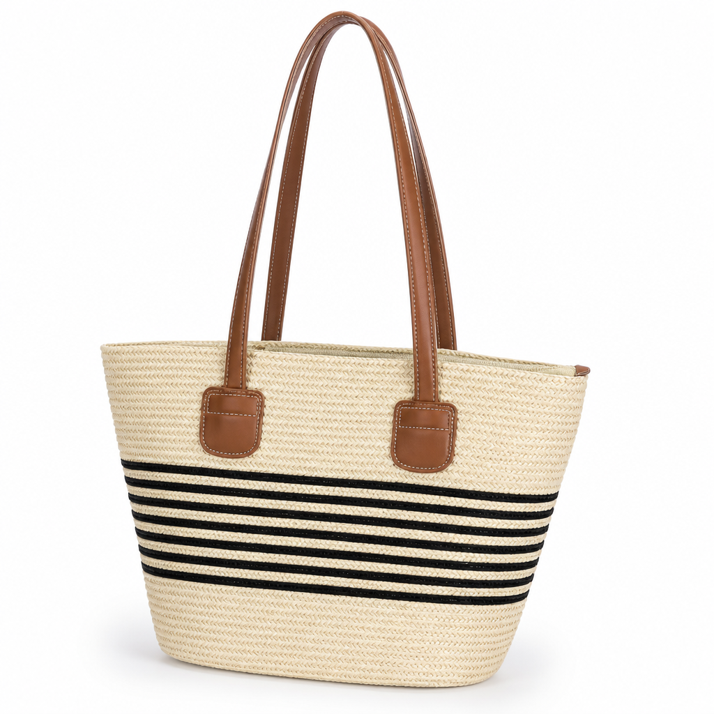 Weather-Resistant Woven Beach Bag (Leather-Look Handles)