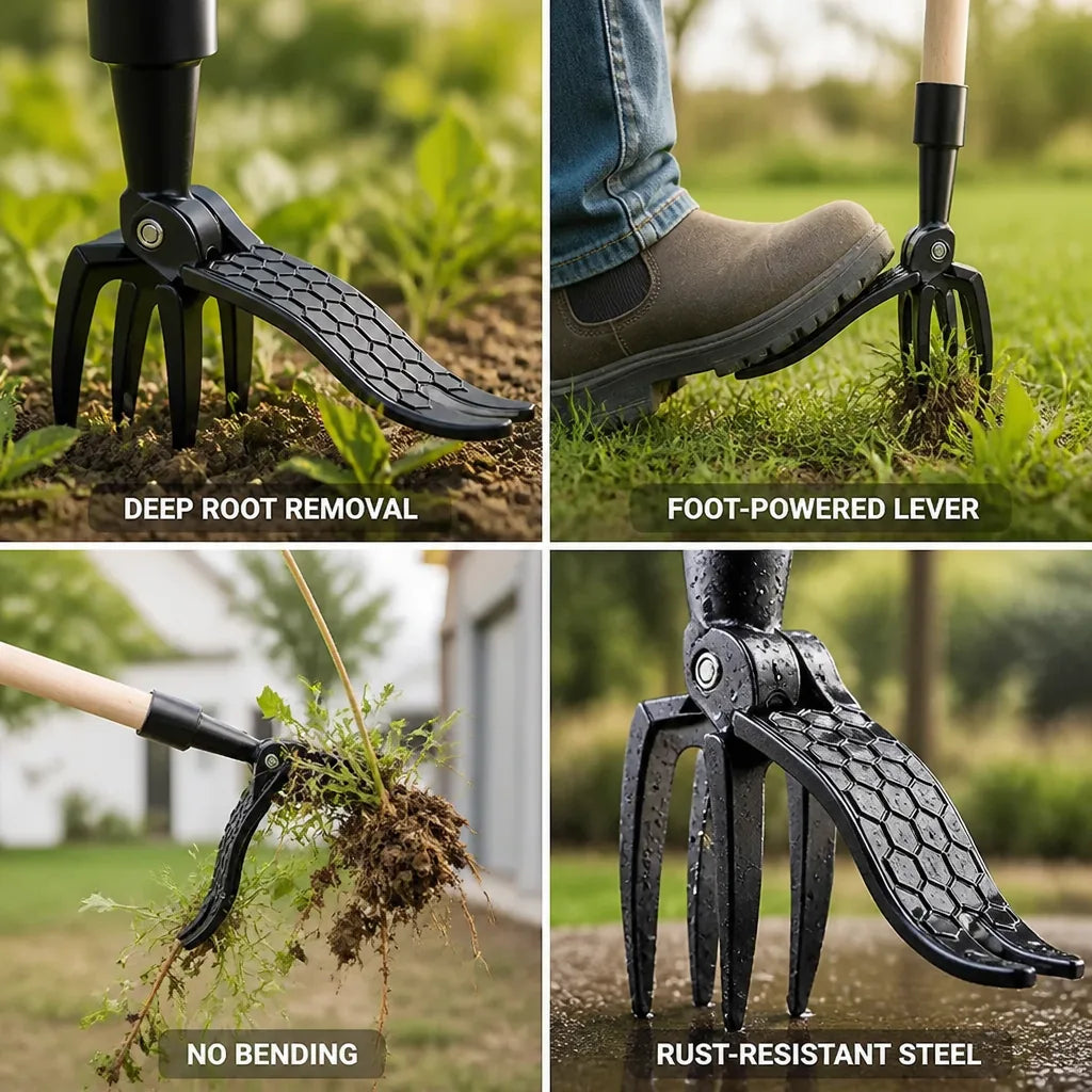 Weed Puller Four-Claw Grip & Foot Lever Rust-Resistant Steel