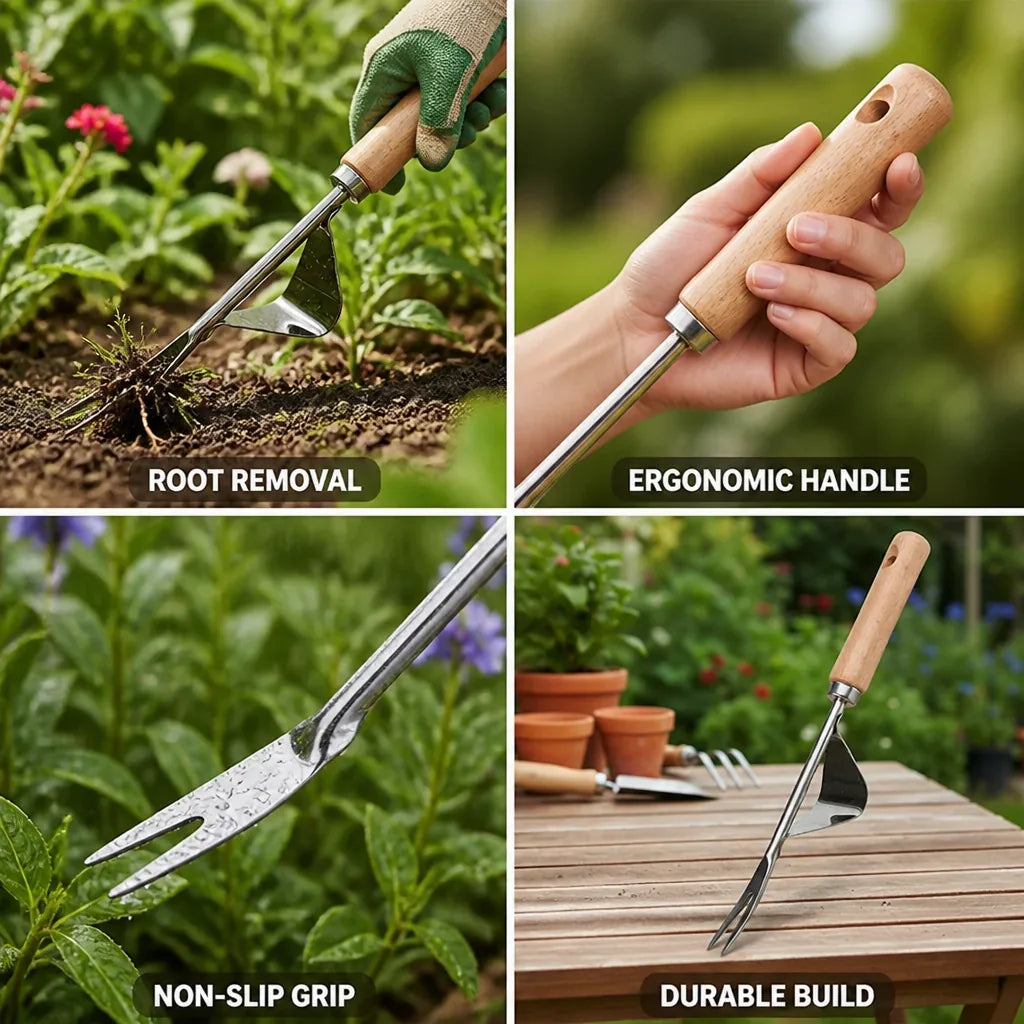 Weed Puller Stainless Steel Head & Ergonomic Wooden Handle