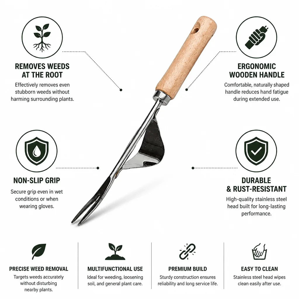 Weed Puller Stainless Steel Head & Ergonomic Wooden Handle