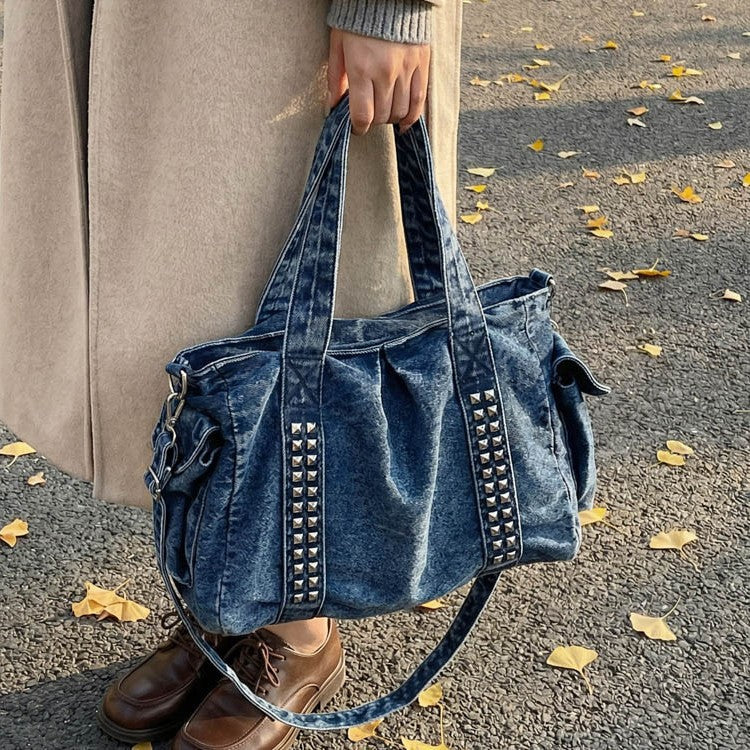 Weekender Bag Distressed Denim Spacious Interior Adjustable Strap