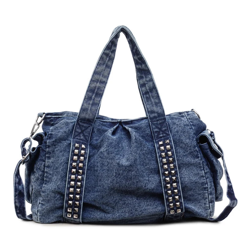 Weekender Bag Distressed Denim Spacious Interior Adjustable Strap