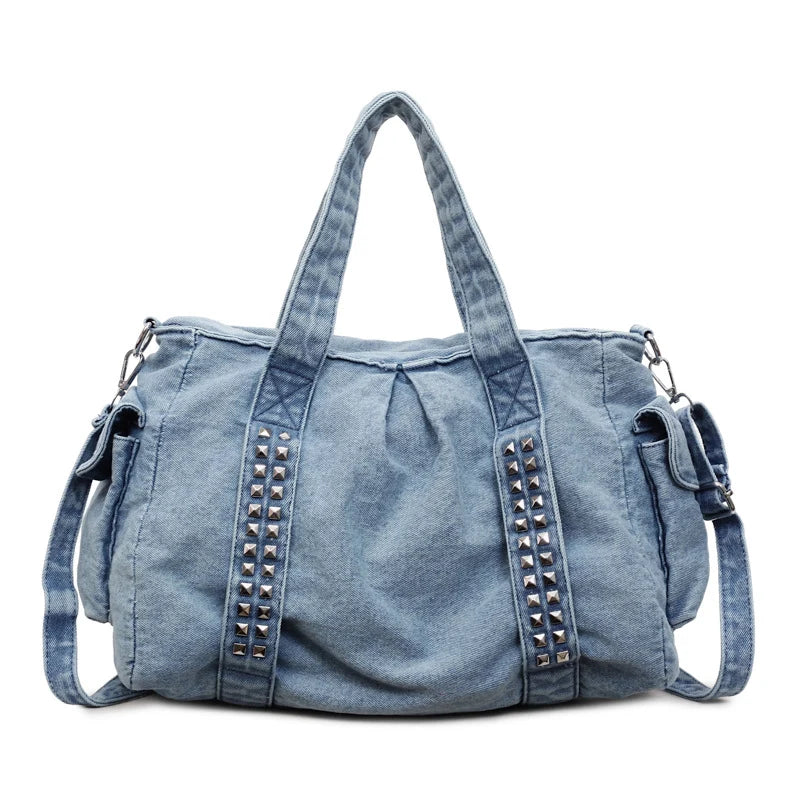 Weekender Bag Distressed Denim Spacious Interior Adjustable Strap