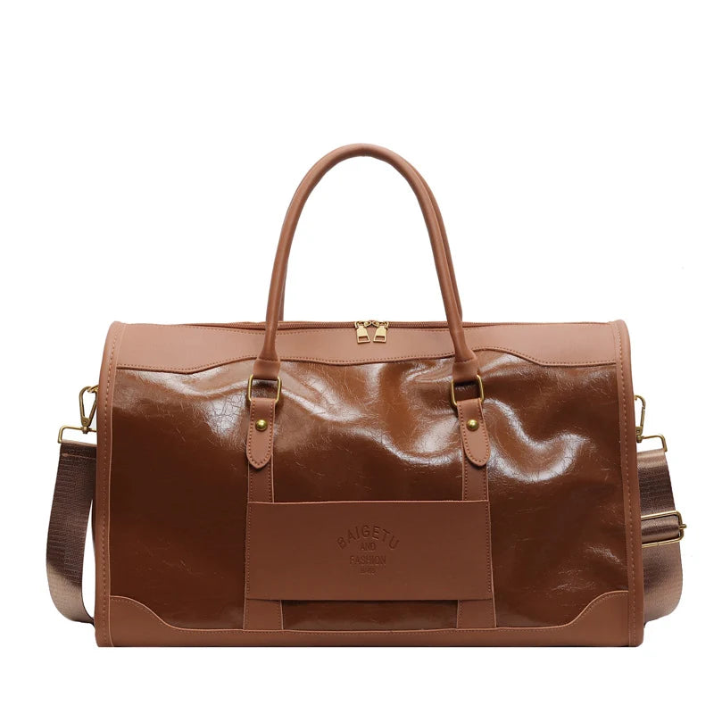 Weekender Duffel Bag Leather Multiple Pockets Detachable Shoulder Strap