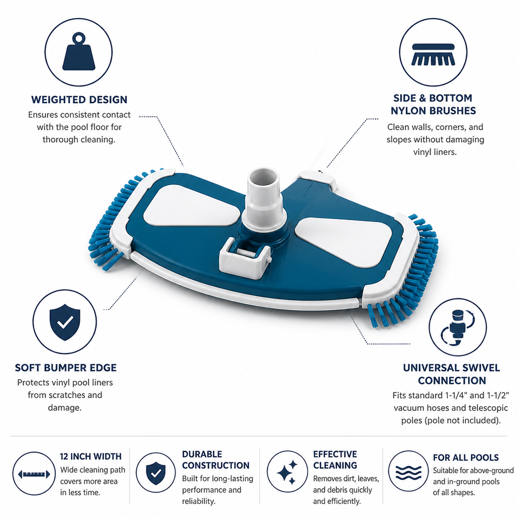 Weighted Nylon-Bristle Soft-Bumper Pool Vacuum Head (12 In)