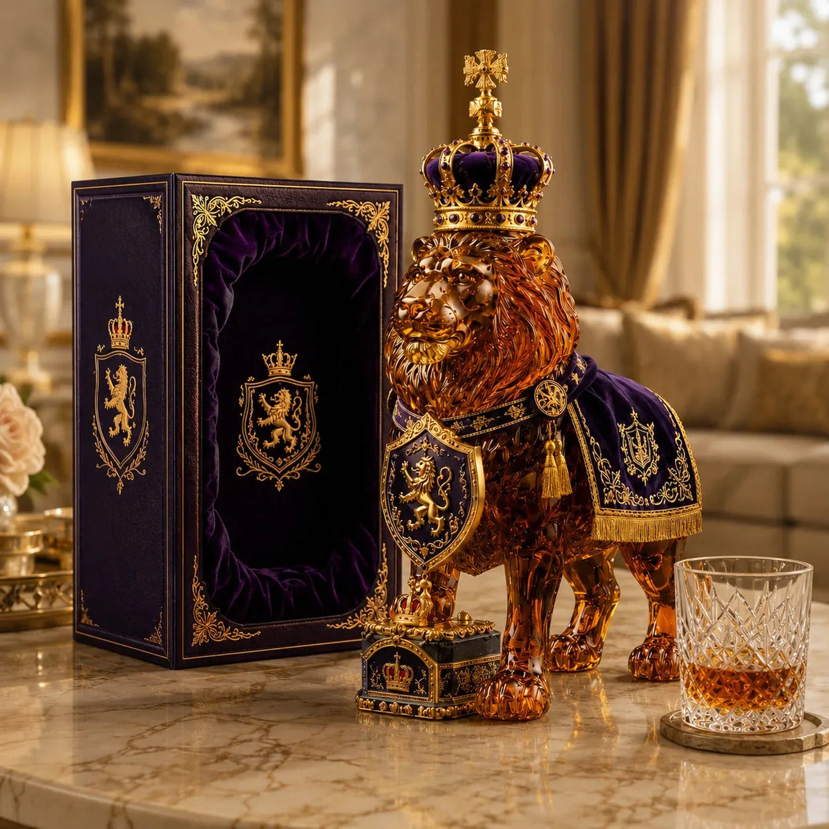 Whiskey Decanter Clear Glass Sculpted Lion Design