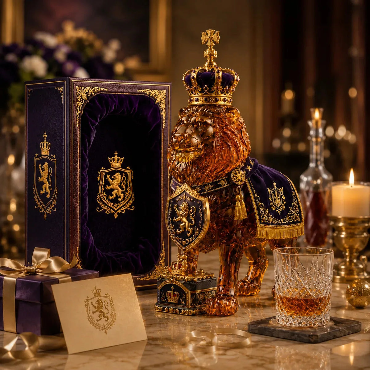 Whiskey Decanter Clear Glass Sculpted Lion Design