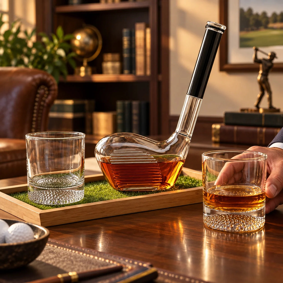Whiskey Decanter Set Golf Design Lead-Free Crystal With Two Glasses & Wooden Tray