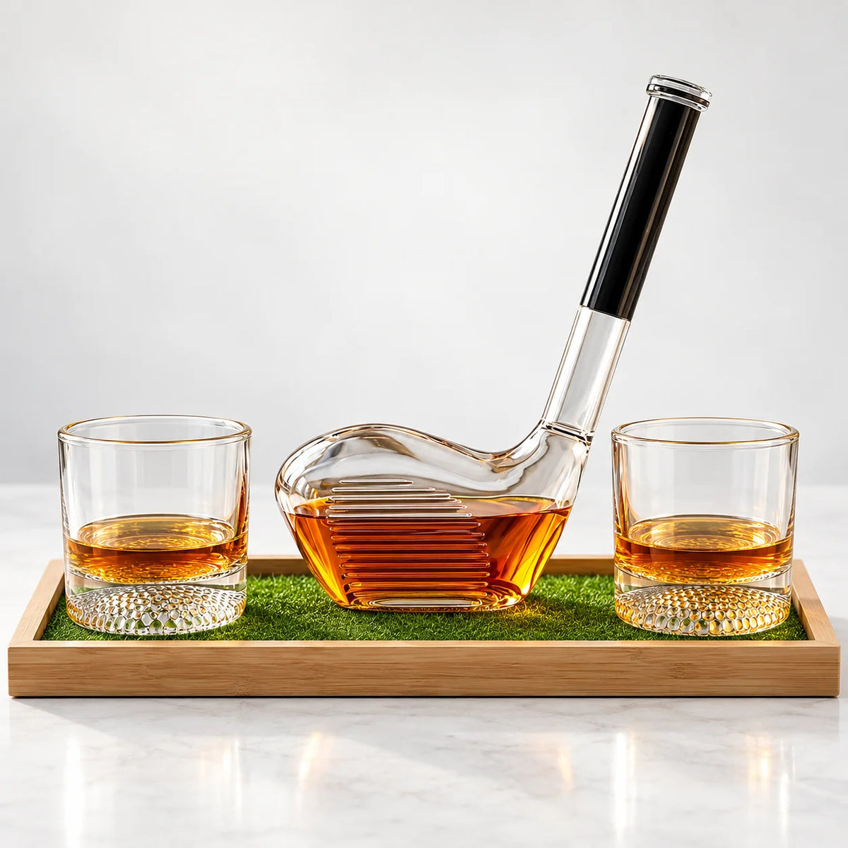 Whiskey Decanter Set Golf Design Lead-Free Crystal With Wooden Tray