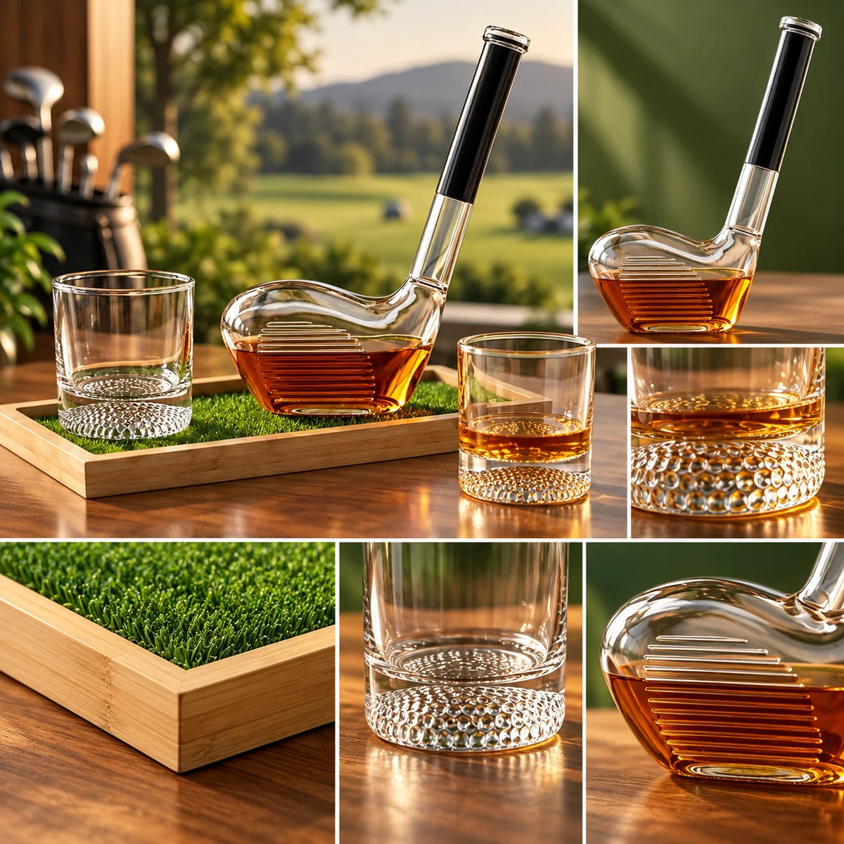 Whiskey Decanter Set Golf Design Lead-Free Crystal With Wooden Tray