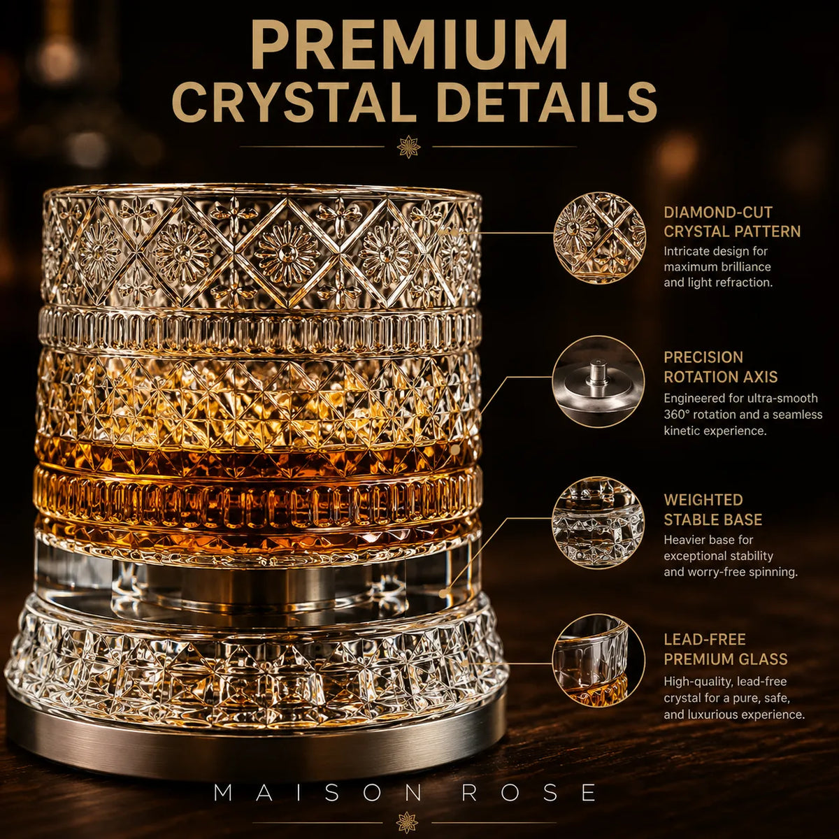 Whiskey Glass Lead-Free Crystal 360° Rotating Base Diamond-Cut Design