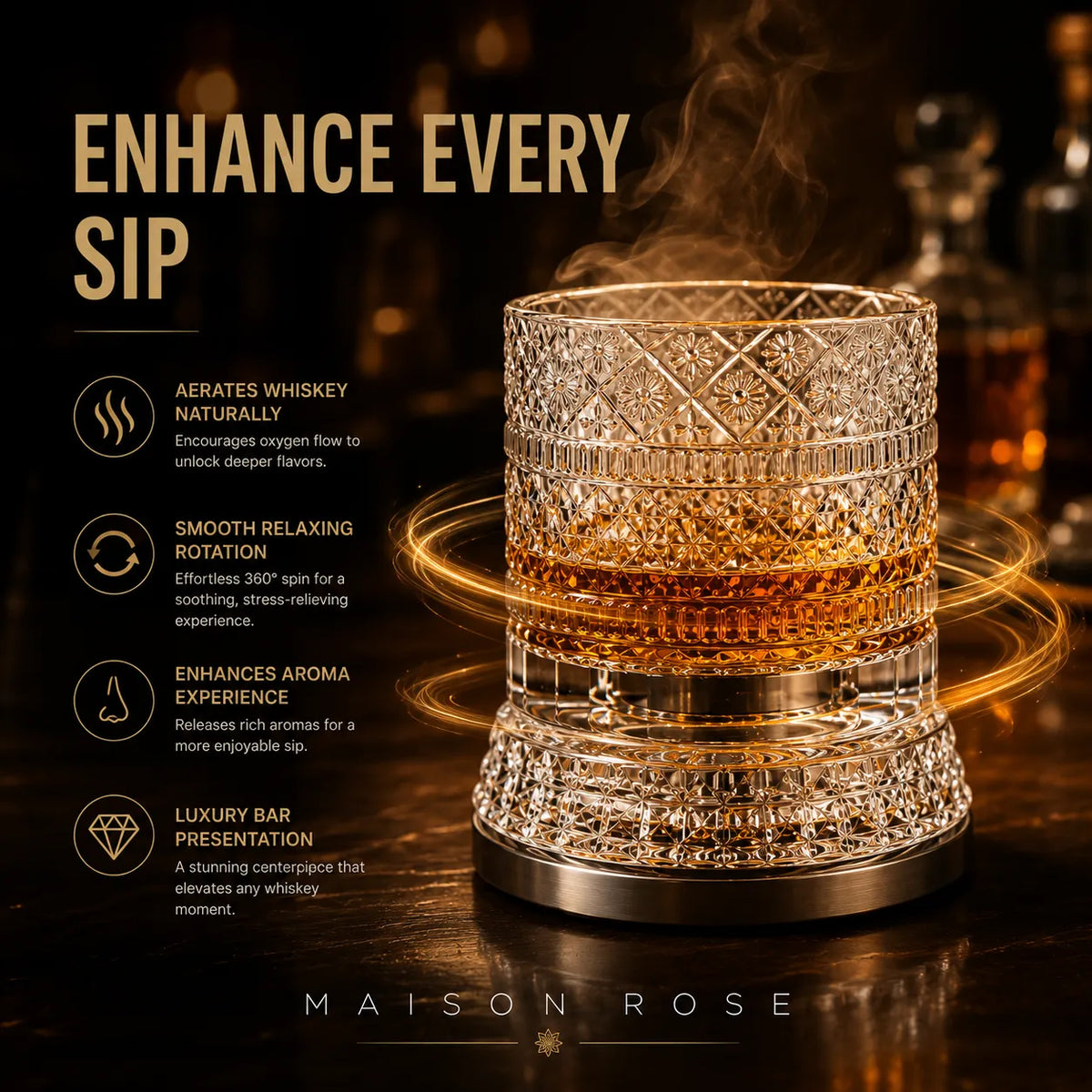 Whiskey Glass Lead-Free Crystal 360° Rotating Base Diamond-Cut Design