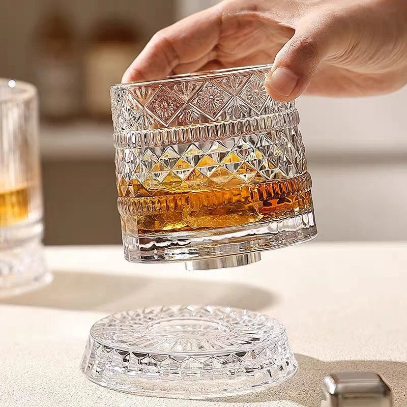 Whiskey Glass Lead-Free Crystal 360° Rotating Base Diamond-Cut Design