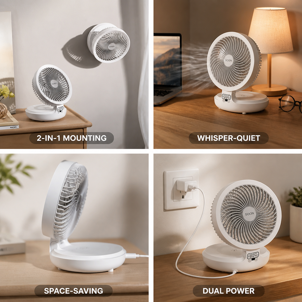 Whisper-Quiet USB & AC Fan (Wall-Mount & Freestanding)