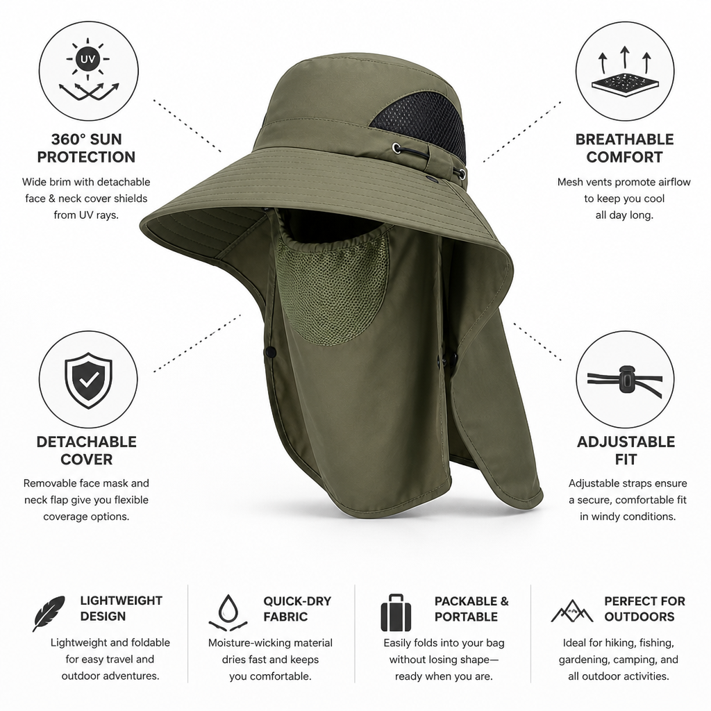 Wide Brim Detachable Neck & Face Sun Hat